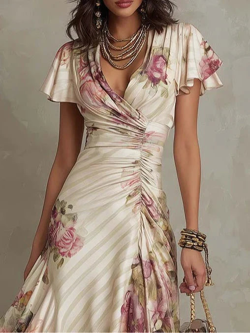Alba | Robe Midi Élégante Drapée avec Fleurs