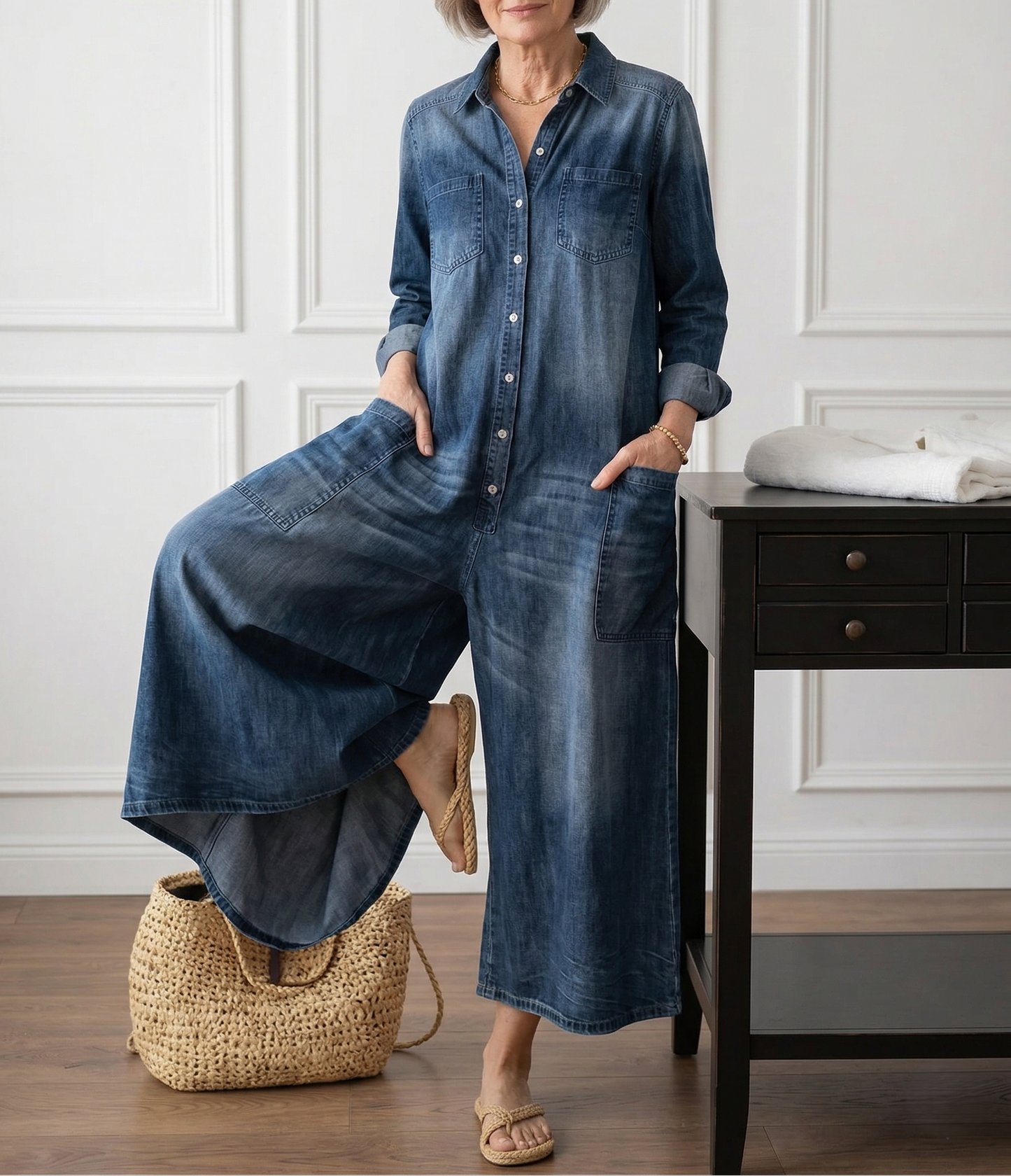 Saylor - Salopette en Denim de Coton Lavé Vintage avec Fermeture Boutonnée