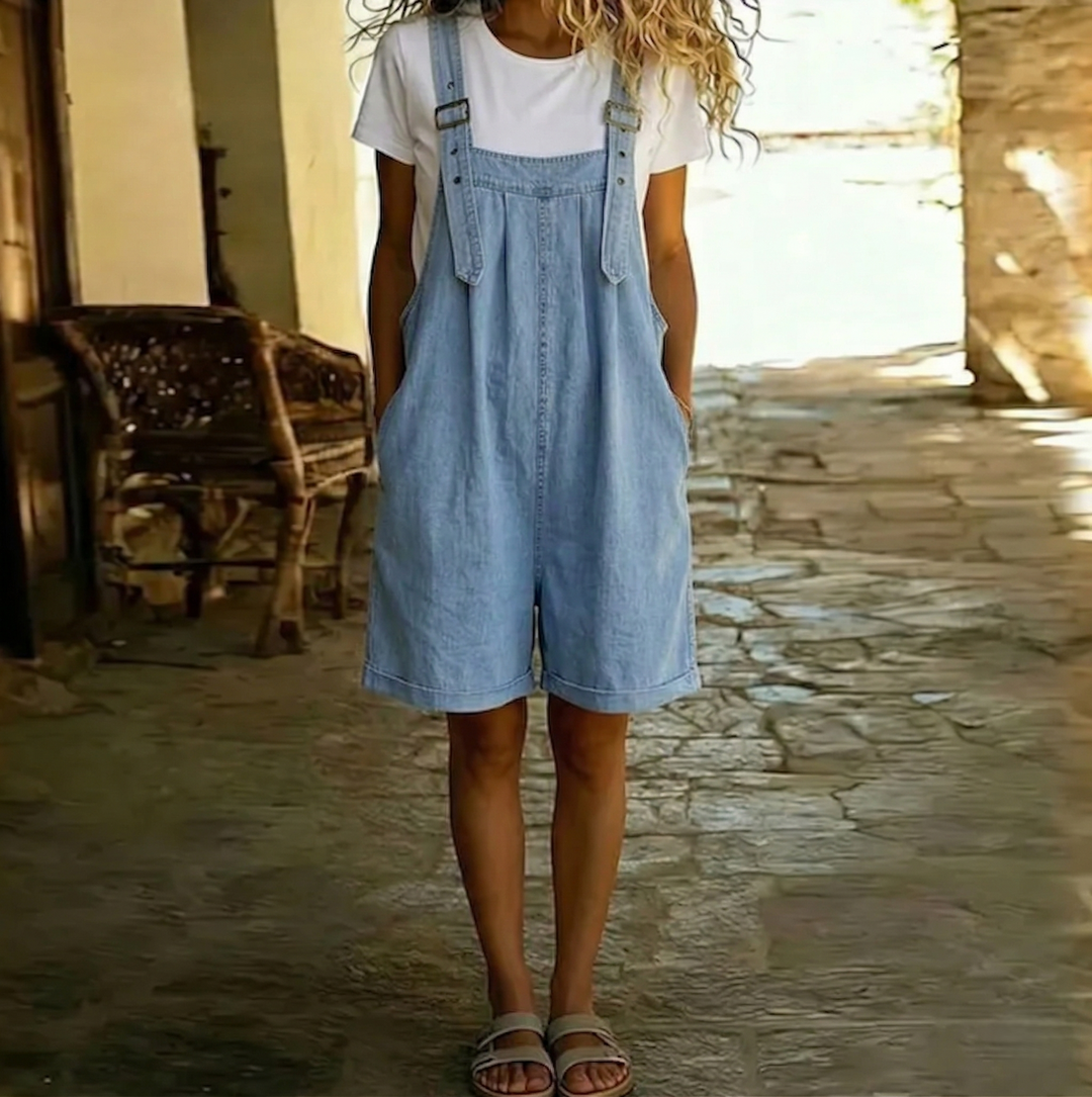 Clara | Salopette courte en denim bleu clair au fini vintage délavé