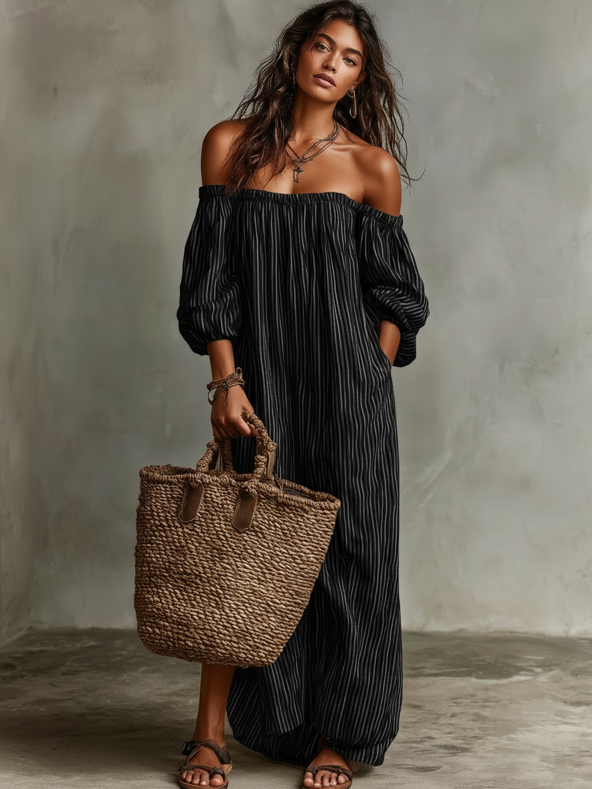 Robe Maxi en Coton-Lin Off-shoulder à Manches Longues pour Femmes