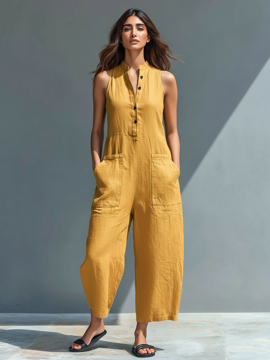 Combinaison sans manches en lin minimaliste pour femmes avec col montant et boutons