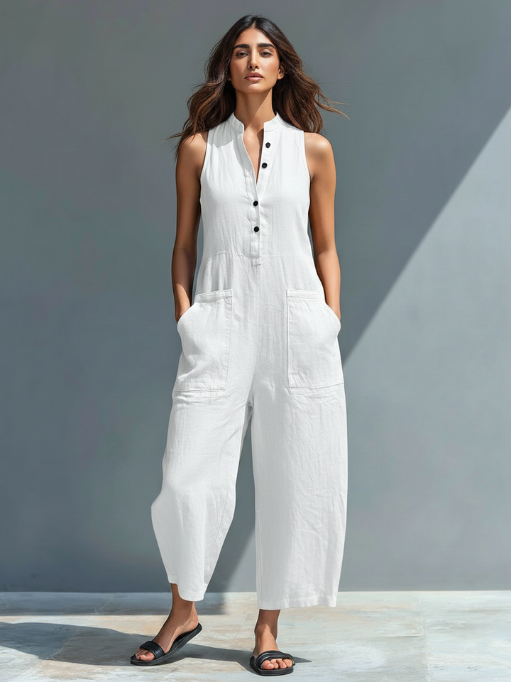 Combinaison sans manches en lin minimaliste pour femmes avec col montant et boutons