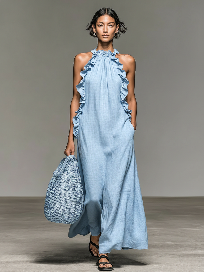Robe Maxi Sans Manches en Mélange de Lin Minimaliste pour Femme avec Détails Volants
