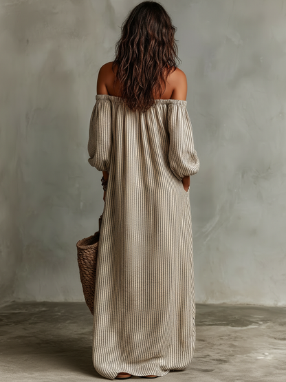 Robe Maxi en Coton-Lin Off-shoulder à Manches Longues pour Femmes
