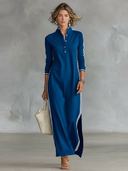 Robe Maxy Sweat Femme avec Col Button-down et Bord Blanc