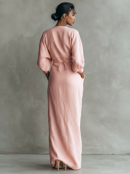 Robe Maxi en Lin Rose Décolleté en V
