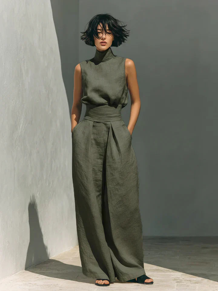 Amélie™ | Ensemble Minimaliste de Blouse Sans Manches et Pantalons Amples en Coton et Lin pour Femmes