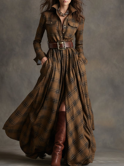 Giulia - Robe longue à carreaux brun rougeâtre avec col et style ethnique rétro