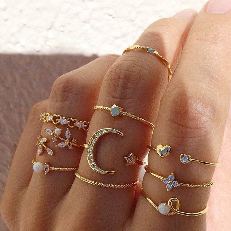 10 Paires de Bagues Boho en Argent et Or