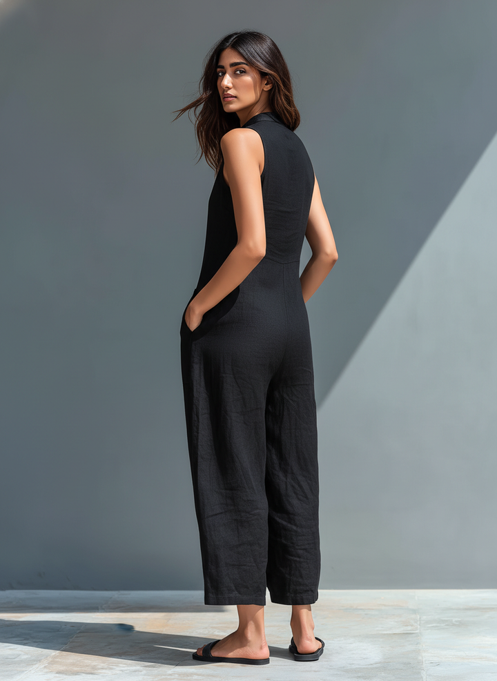 Combinaison sans manches en lin minimaliste pour femmes avec col montant et boutons
