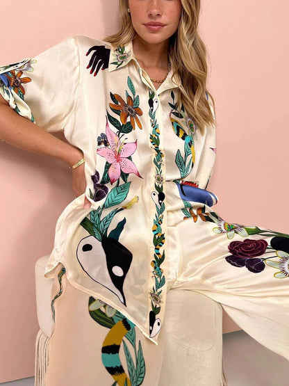 Nika | Ensemble de chemise et pantalon en satin avec imprimé unique Vibes Resort