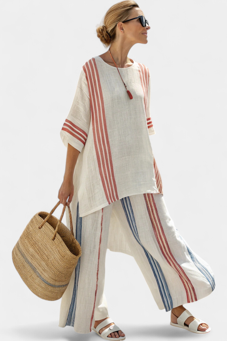 Solvane | Haut rayé multicolore sophistiqué & Pantalons méditerranéens