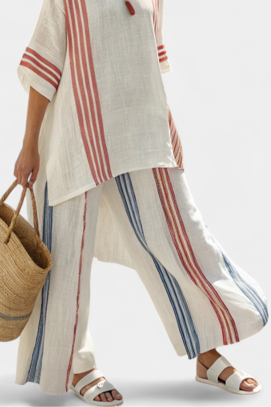 Solvane | Haut rayé multicolore sophistiqué & Pantalons méditerranéens