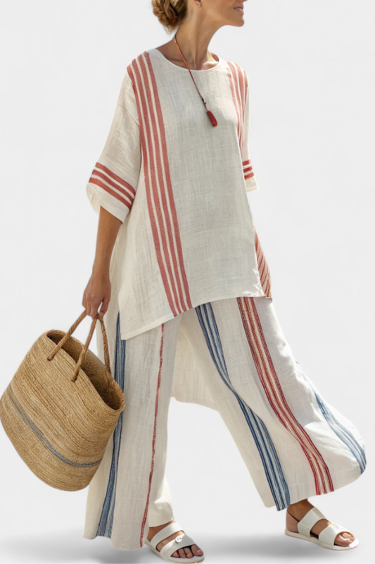 Solvane | Haut rayé multicolore sophistiqué & Pantalons méditerranéens