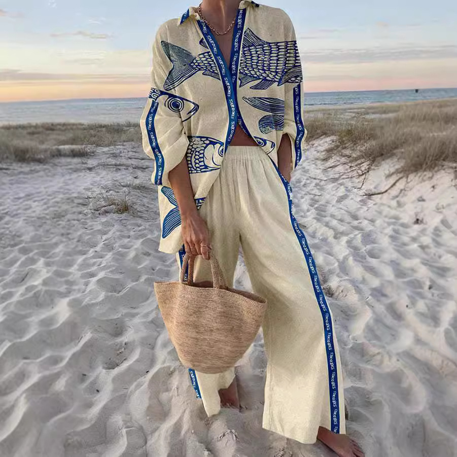 Yazette - Ensemble de Vêtements Imprimé Poisson Bleu