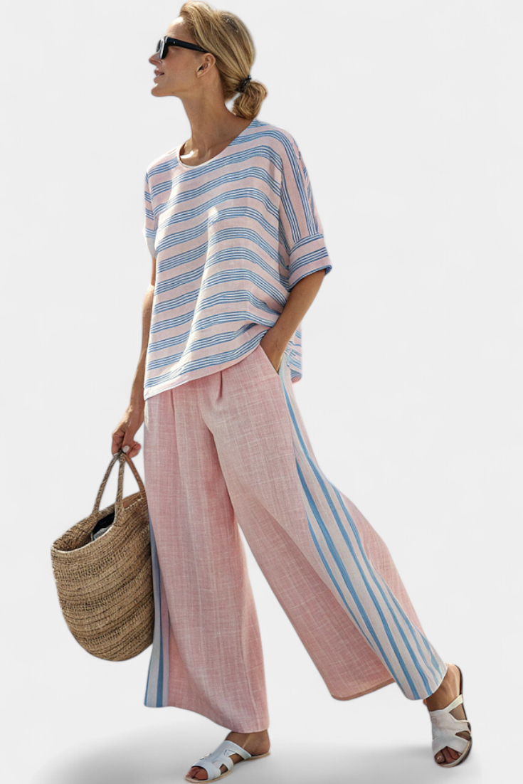 Virella | Blouse en Lin Élégante Rose-Bleu & Pantalons Doux