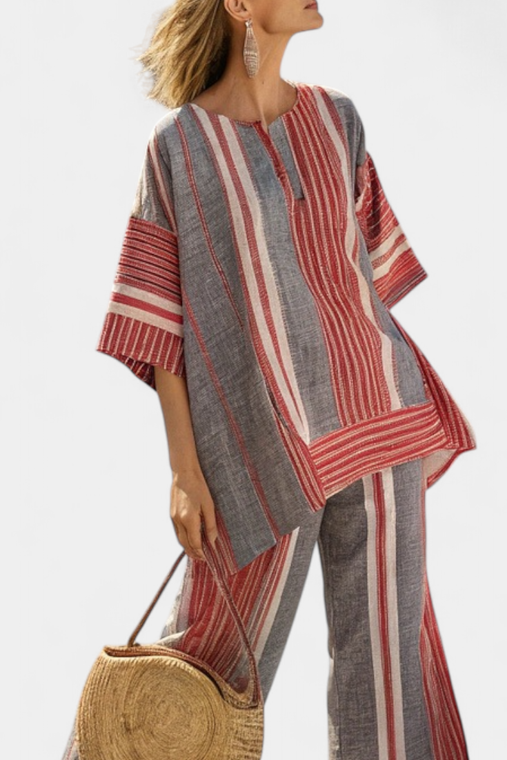 Bravine | Haut en lin élégant corail-gris et pantalon large