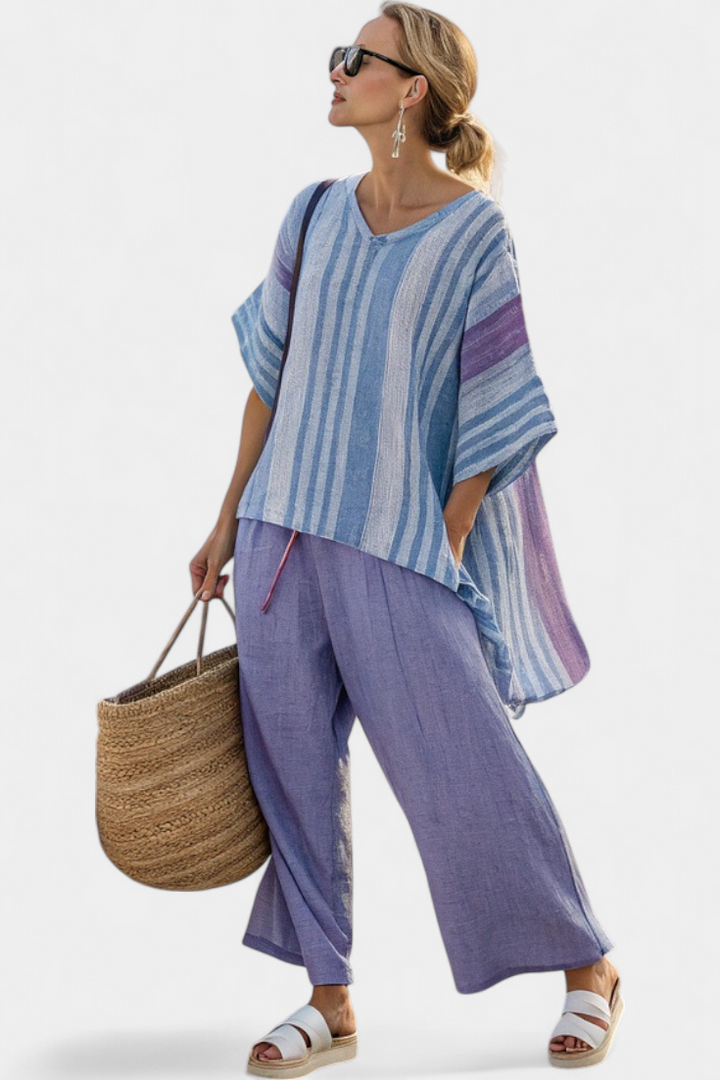 Zellora | Haut Élégant Lavande & Bleu Ciel et Pantalon en Lin