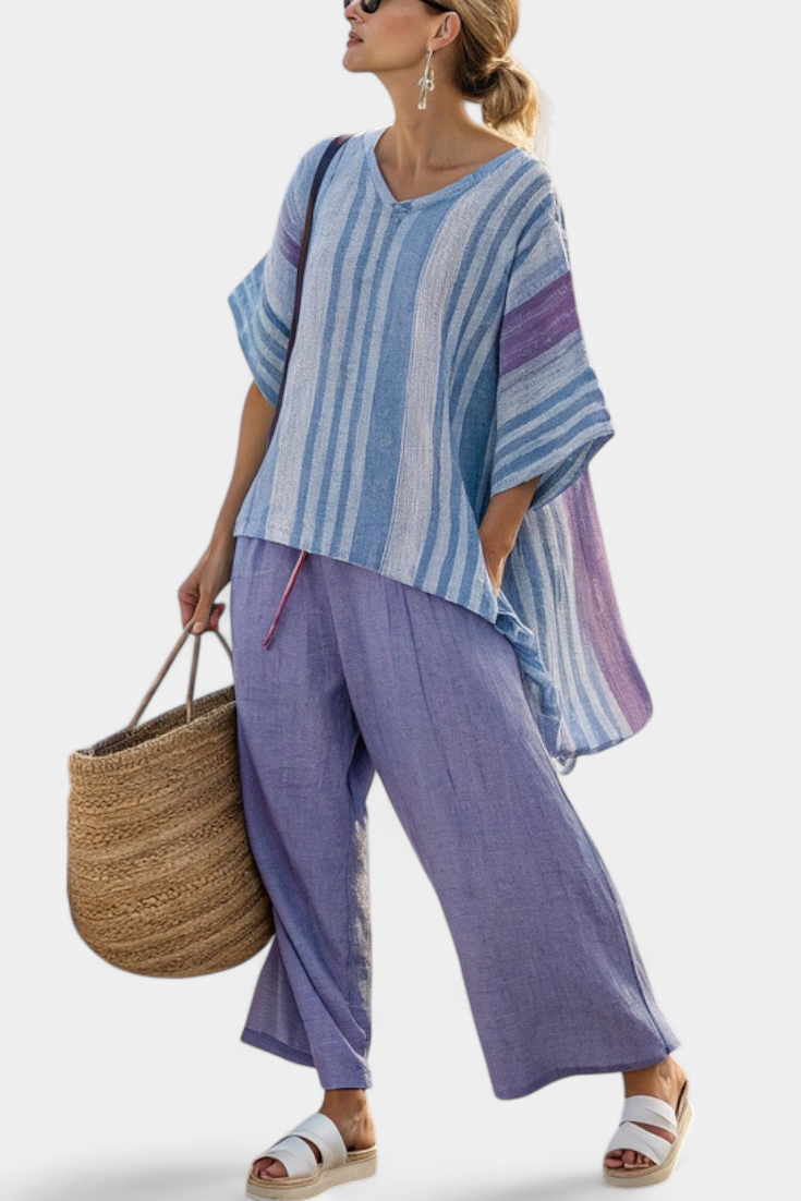 Zellora | Haut Élégant Lavande & Bleu Ciel et Pantalon en Lin