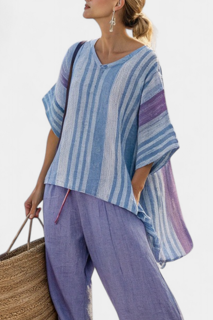 Zellora | Haut Élégant Lavande & Bleu Ciel et Pantalon en Lin