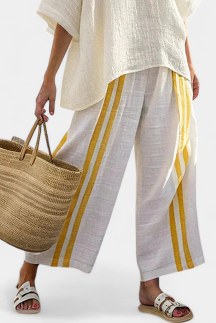 Anselor | Haut en Lin Rayé Jaune Élégant & Pantalons à Jambes Amples