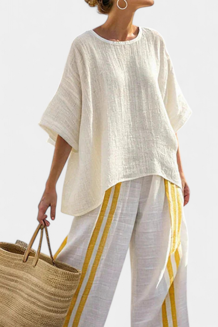 Anselor | Haut en Lin Rayé Jaune Élégant & Pantalons à Jambes Amples