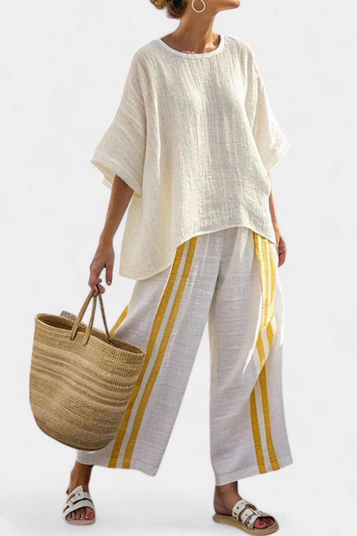 Anselor | Haut en Lin Rayé Jaune Élégant & Pantalons à Jambes Amples