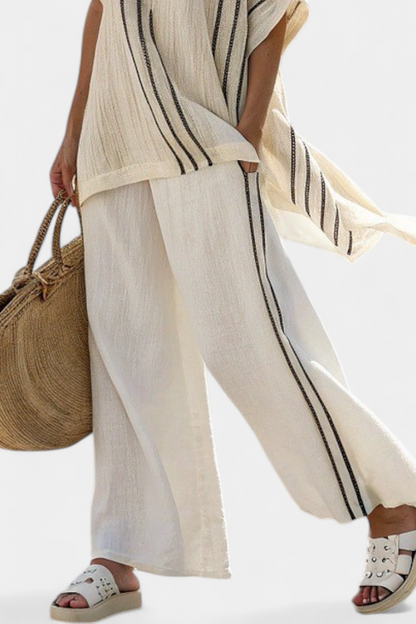 Greysen | Blouse en lin ivoire élégant et pantalon à rayures noires