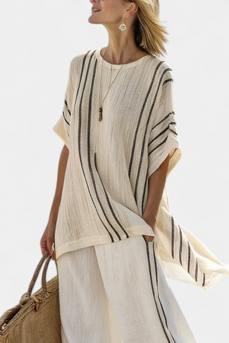 Greysen | Blouse en lin ivoire élégant et pantalon à rayures noires