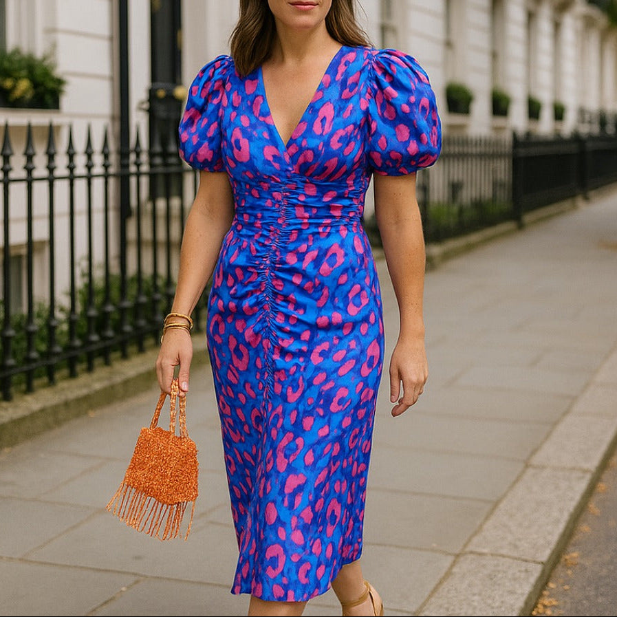 Robe Midi Élégante avec Manches Volumineuses