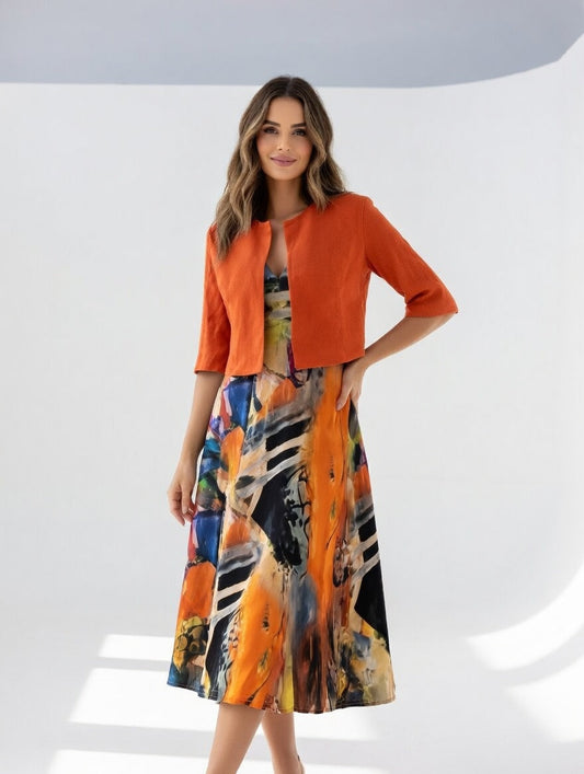 Robe Midi Fluide avec Boléro - Imprimé Artistique Élégant