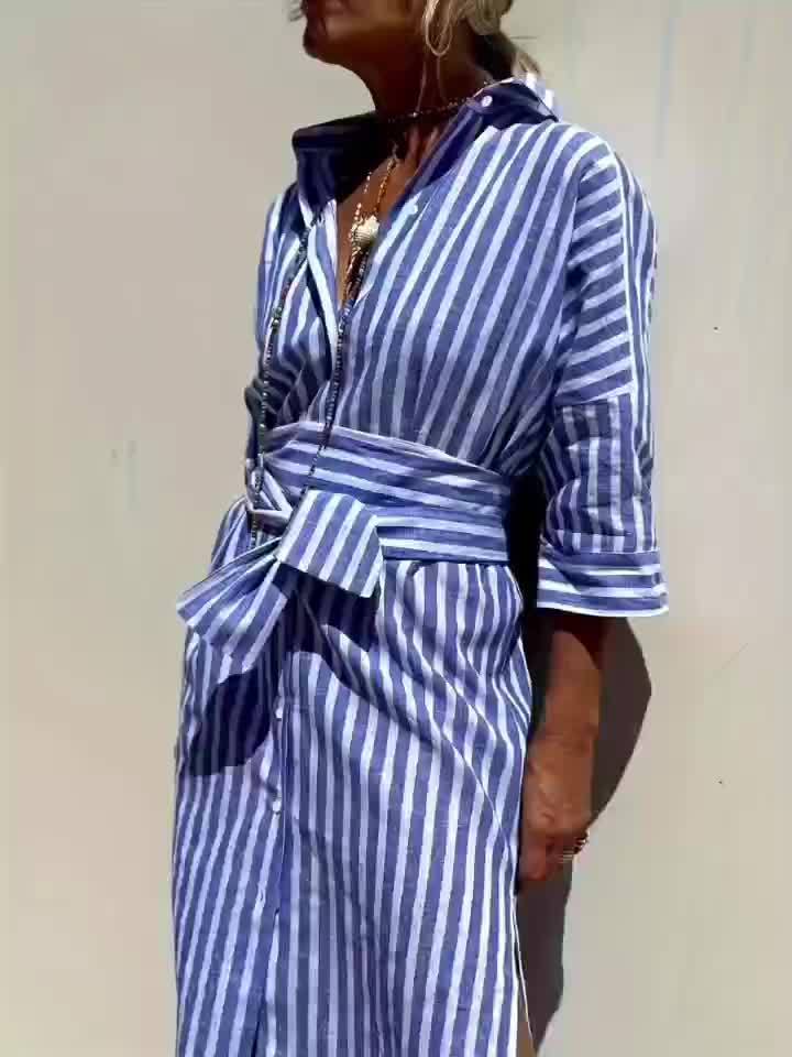 CHRISTINE | ROBE À IMPRIMÉ RAYÉ AVEC FERMETURE À BOUTONS ET CEINTURE