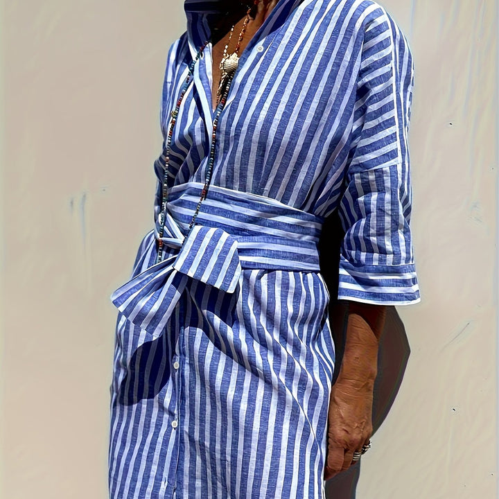 CHRISTINE | ROBE À IMPRIMÉ RAYÉ AVEC FERMETURE À BOUTONS ET CEINTURE