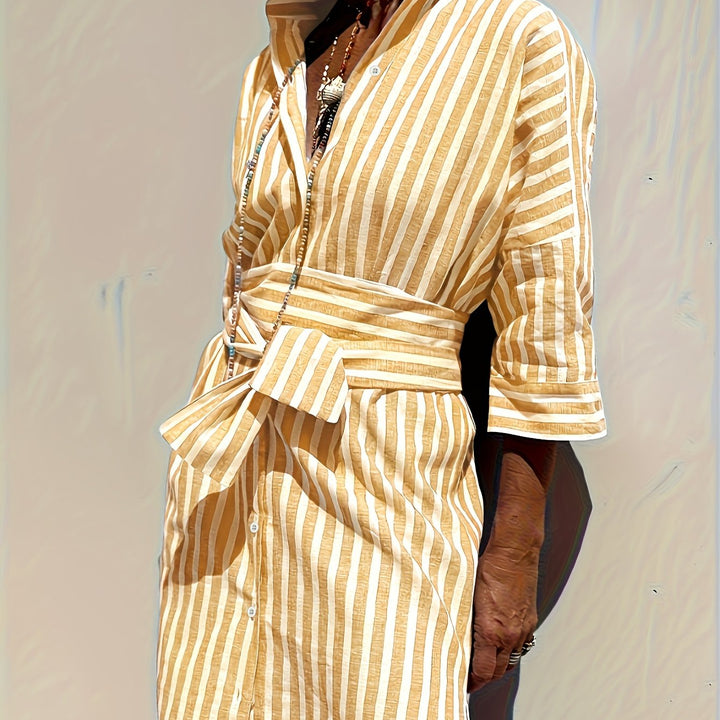 CHRISTINE | ROBE À IMPRIMÉ RAYÉ AVEC FERMETURE À BOUTONS ET CEINTURE