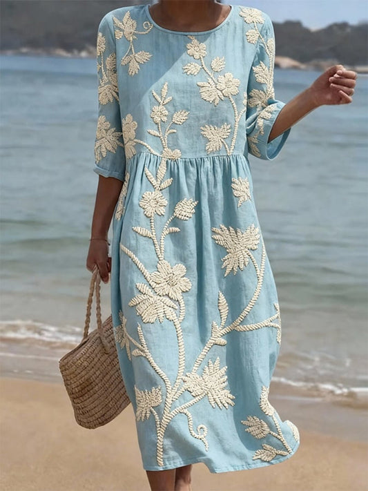 Robe Midi Fluide avec Broderies Florales - Collection Vintage Élégante