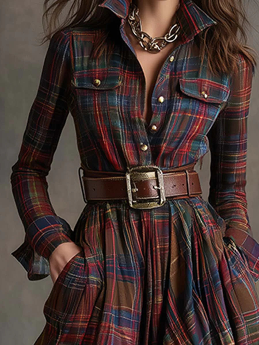 Beatriz | Robe Longue à Carreaux avec Ceinture