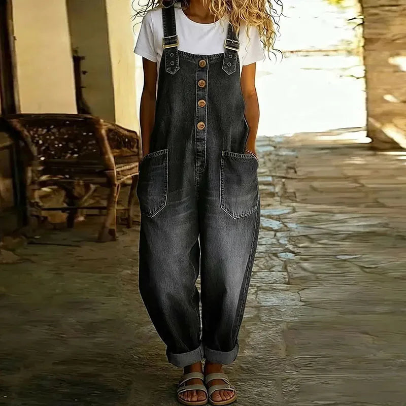 Mara - Salopette en Denim-Look Vintage en Coton Doux avec Bretelles Réglables