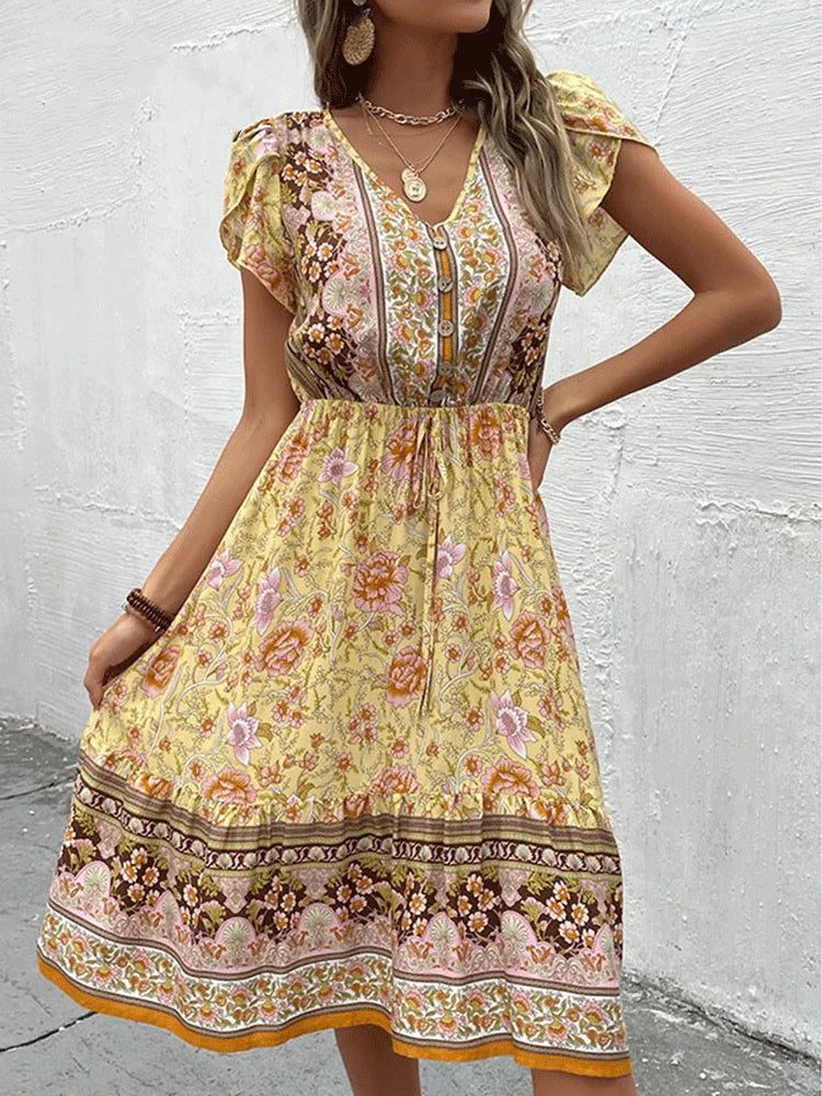 Celia - Robe Midi Boho Florale Verte