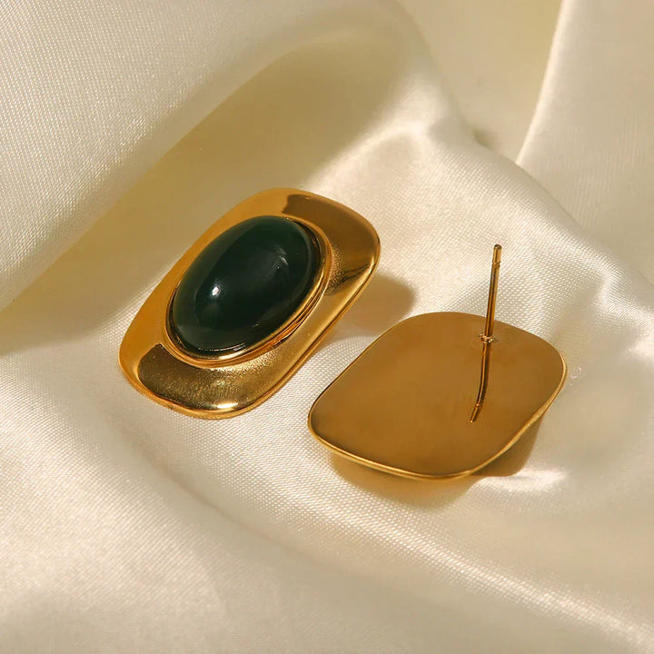 Boucles d'oreilles ovales en opale verte plaquées or 18K vintage