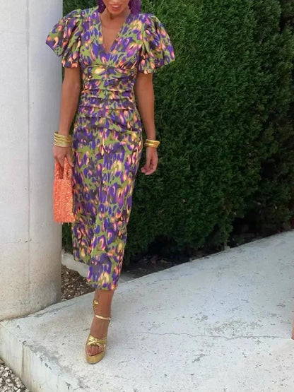 Robe Midi Élégante avec Manches Volumineuses
