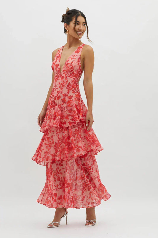 Lisa | Robe Midi Florale Corail – Élégance Fluide et Romantique