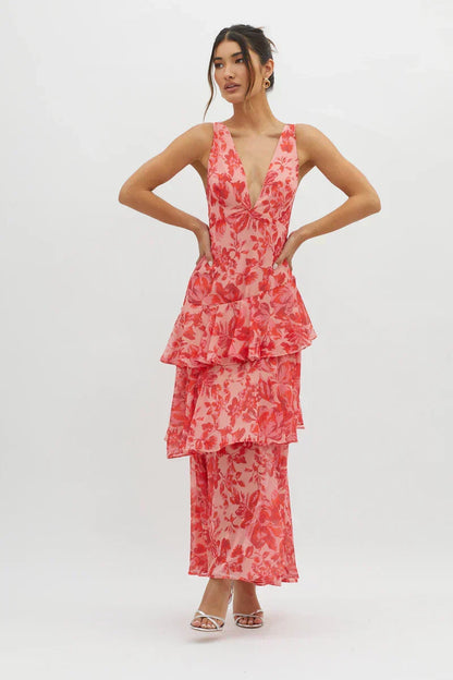 Lisa | Robe Midi Florale Corail – Élégance Fluide et Romantique