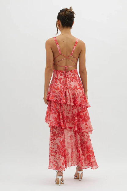 Lisa | Robe Midi Florale Corail – Élégance Fluide et Romantique