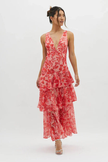 Lisa | Robe Midi Florale Corail – Élégance Fluide et Romantique