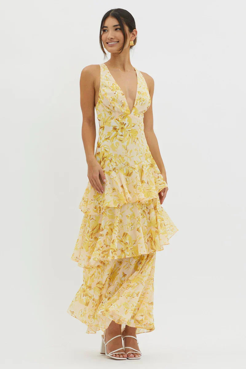 Lisa | Robe Midi Florale Corail – Élégance Fluide et Romantique