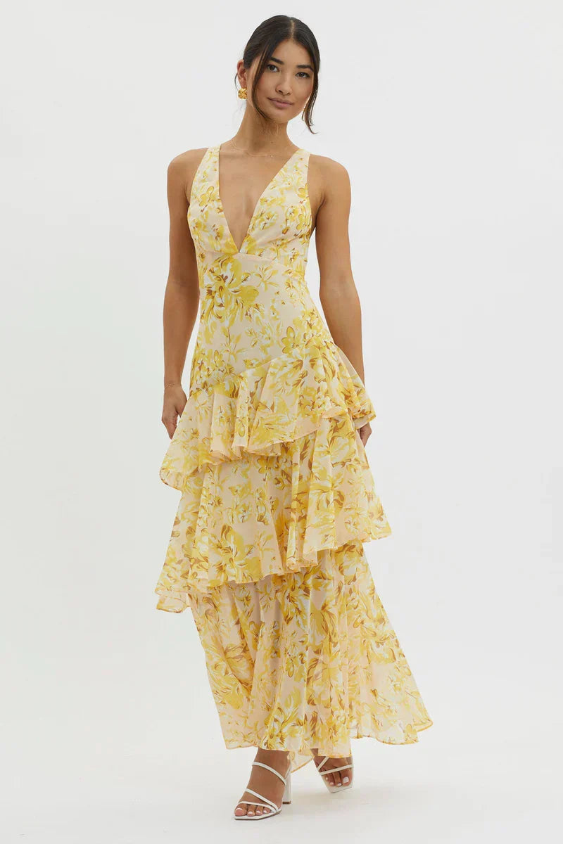 Lisa | Robe Midi Florale Corail – Élégance Fluide et Romantique