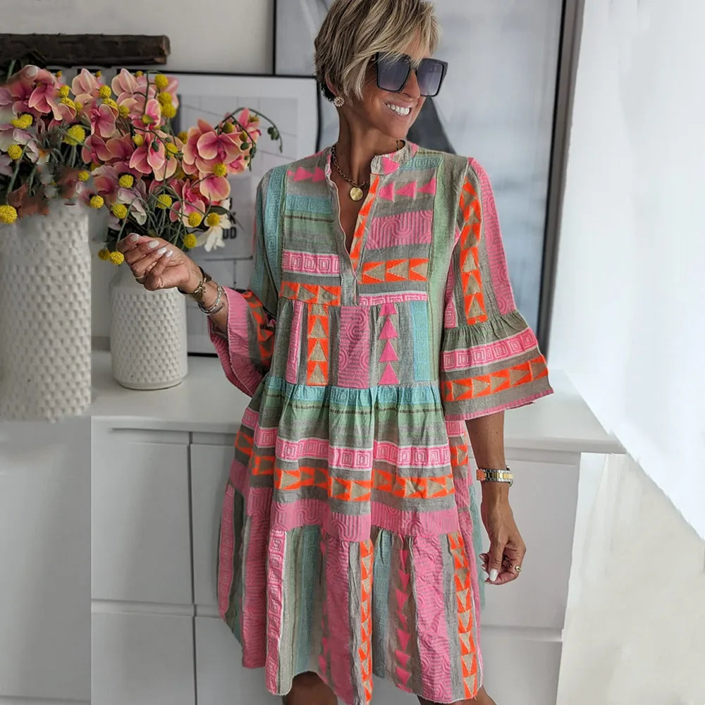 Ava - Robe d'Été en Coton et Chanvre avec Décolleté en V Chic