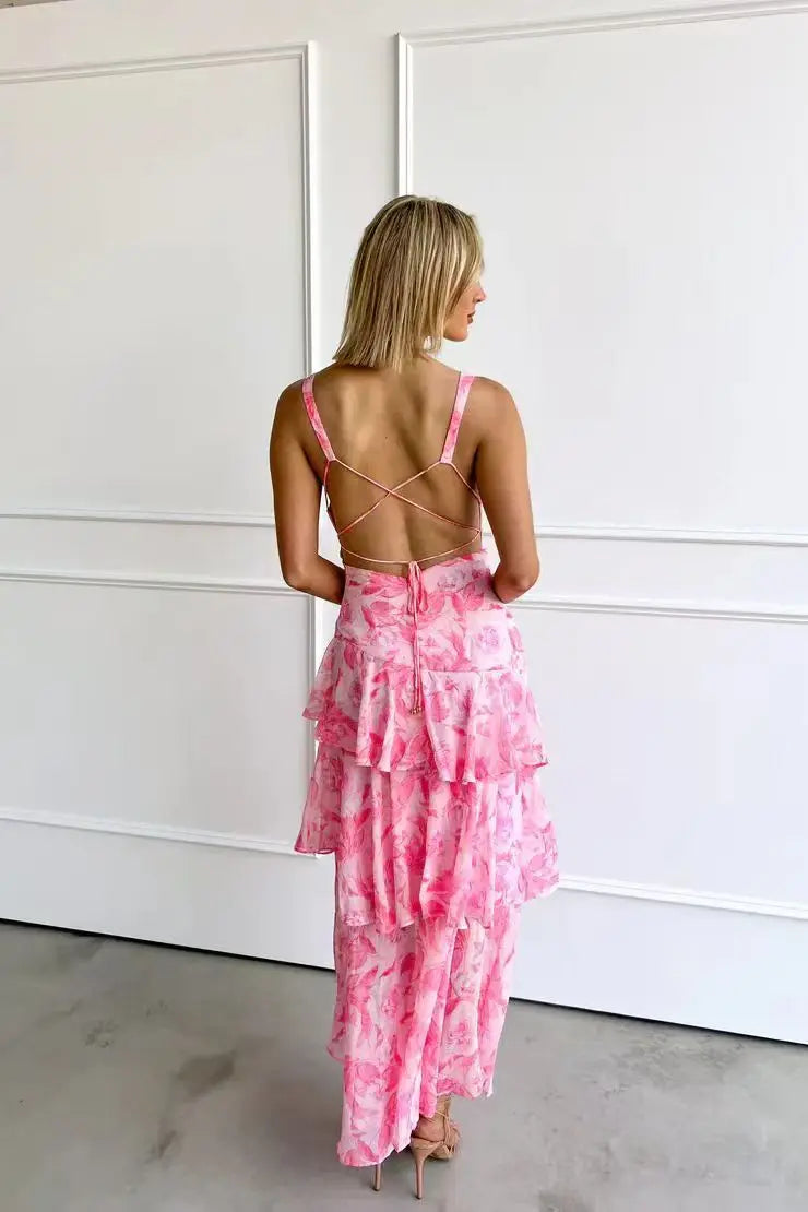 Lisa | Robe Midi Florale Corail – Élégance Fluide et Romantique