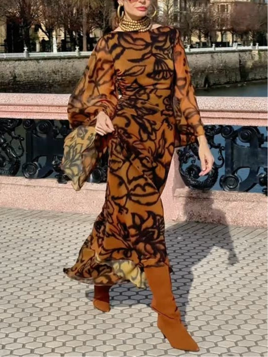 Ashley | Robe longue imprimée marron Beach Glam