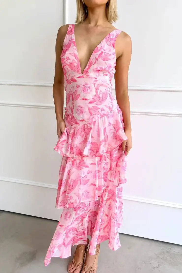 Lisa | Robe Midi Florale Corail – Élégance Fluide et Romantique